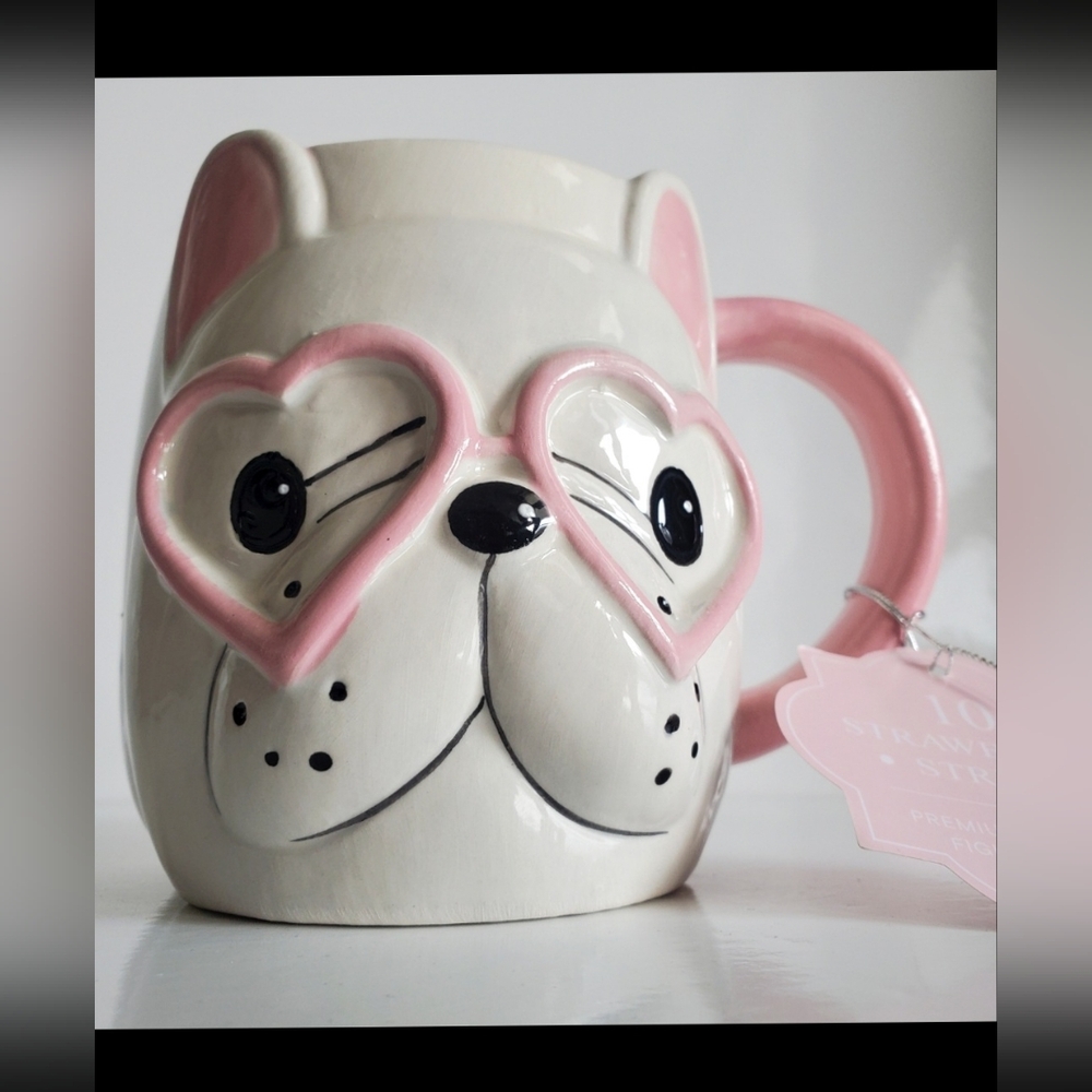 NWT White French Bulldog Pink Heart Glasses Sculpted Dog Ceramic Coffee Mug